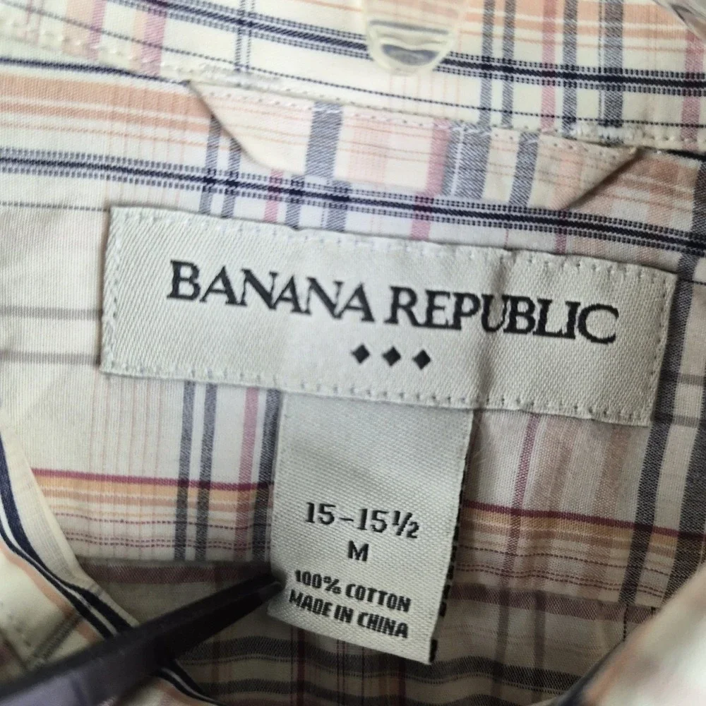 Banana Republic Mens Medium Shirt Plaid Button Up Pink Blue White Long Sleeve